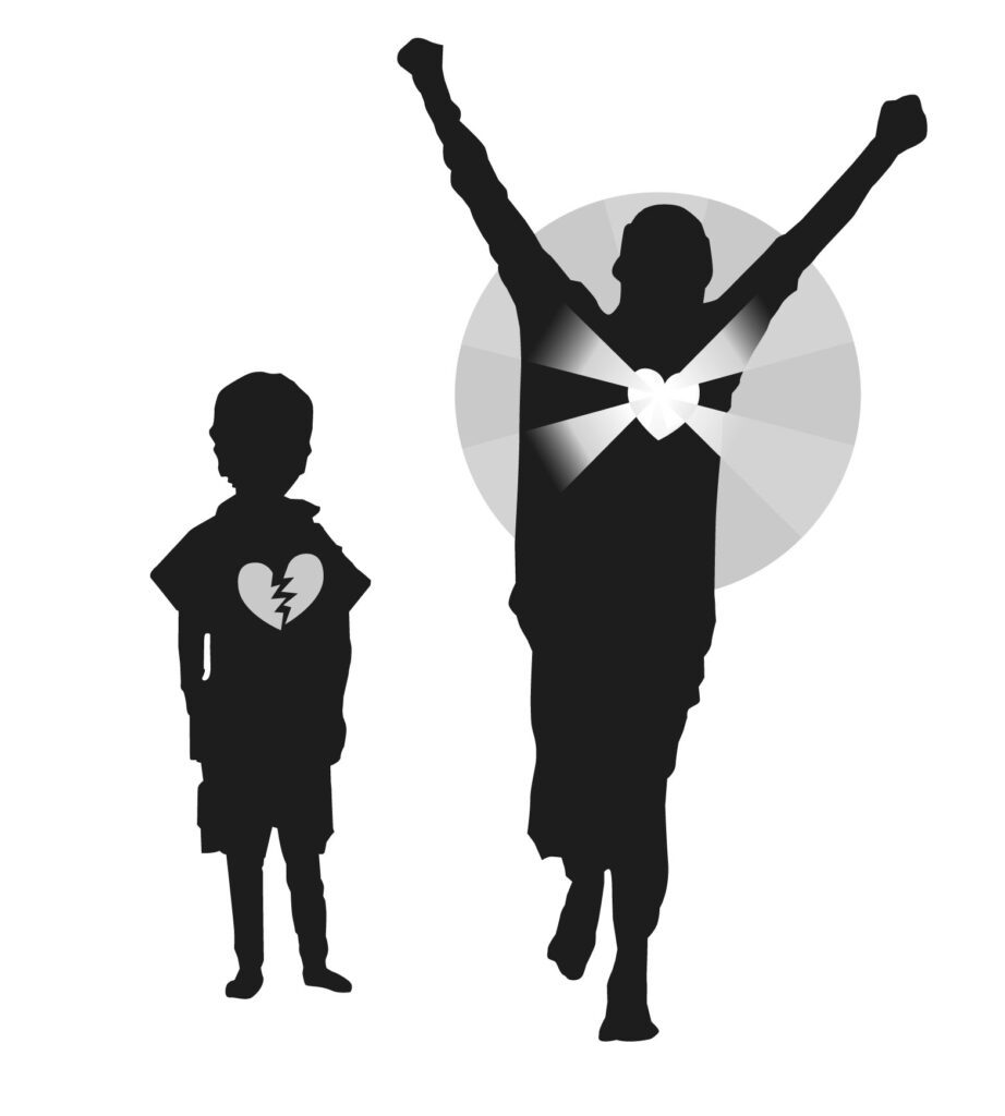 A person with their arms raised and a child standing next to him.