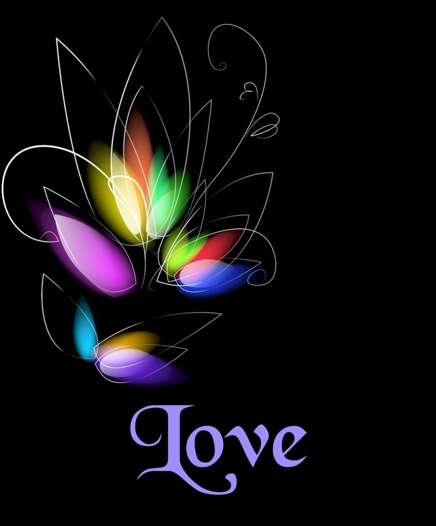 A black background with colorful flowers and the word love.