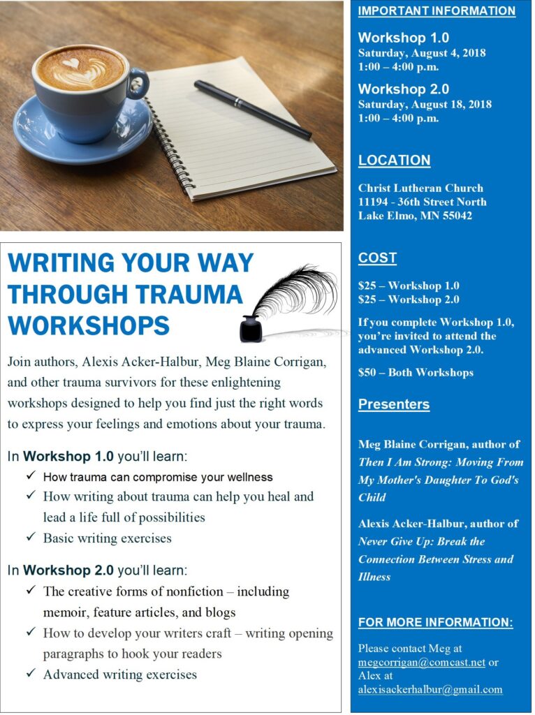 A flyer for writing your way through trauma workshops.